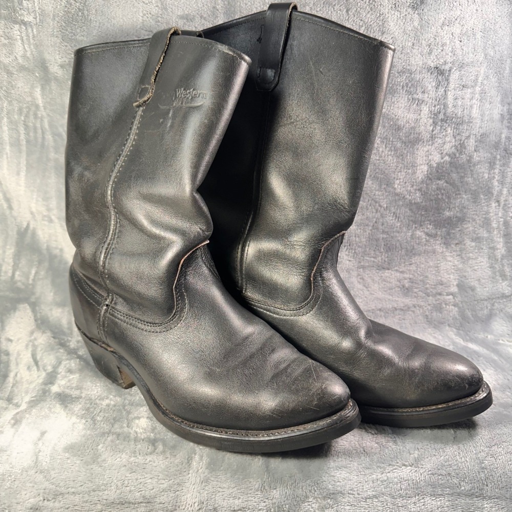 Mason Western Men's Black Leather Roper Packer Boots 9.5 B Narrow Vibram SoleUSA